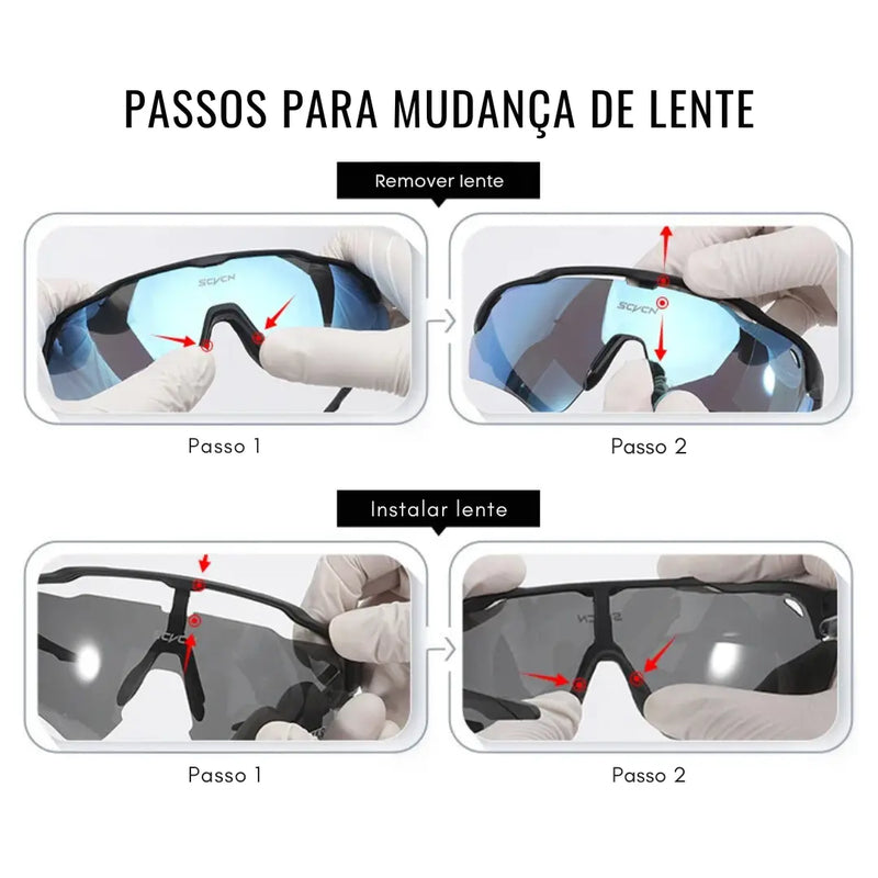 Óculos de Sol Esportivos com Lentes Fotocromáticas e Polarizadas + 2 Lentes de Brinde